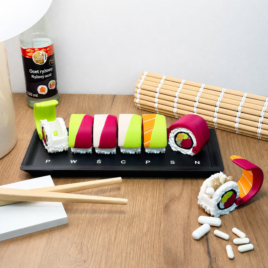 Organizer na Suplementy - Pojemniki na Tabletki w Kształcie Sushi, Rainbow Roll